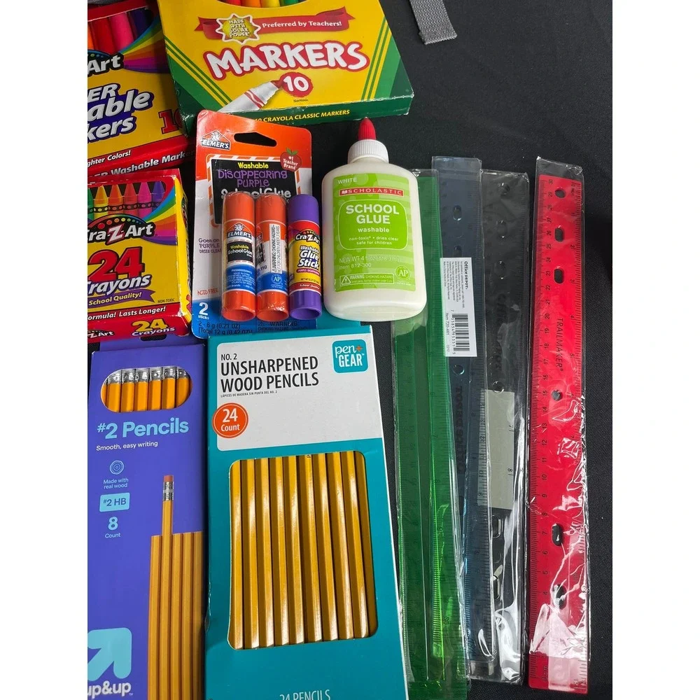 School Supply Bundle Grey Backpack Crayola Markers Pencils Paper Glue 40+ Pieces